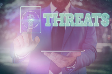 Writing note showing Threats. Business concept for Statement of an intention to inflict pain...