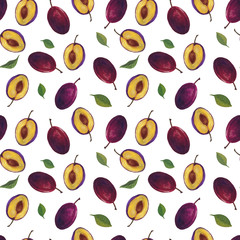 Colorful fruit seamless pattern of fresh plums. Design for wallpaper, background, fabric, textile, cafe, restaurant, resort, packaging