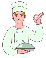 Smiling Chef in uniform holding silver tray. Vector illustration drawings on a white background