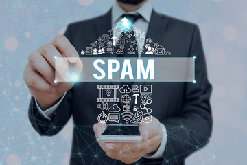 Text sign showing Spam. Business photo showcasing Intrusive advertising Inappropriate messages sent...
