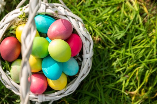 colorful easter eggs in basket.
top view of ester eggs in basket in grass field.