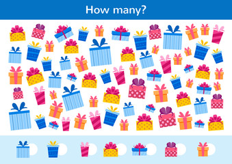 Counting children game of cartoon gift boxes.