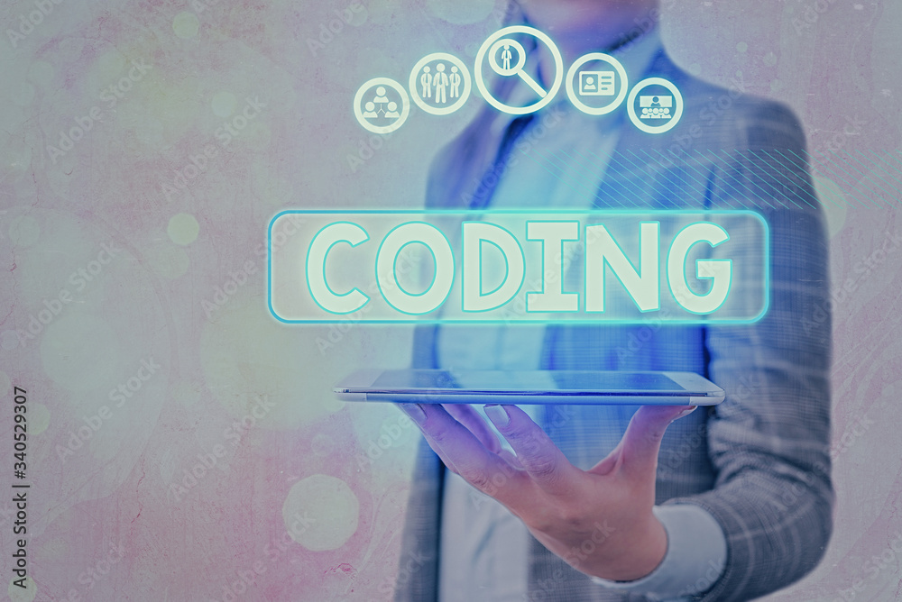 Poster Text sign showing Coding. Business photo showcasing assigning code to something for classification identification