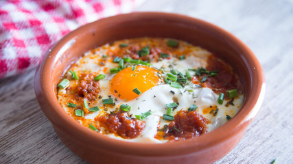 Eggs cooked in the oven with chorizo