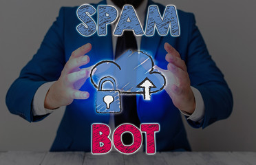 Conceptual hand writing showing Spam Bot. Concept meaning autonomous program on the Internet that...