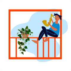 Young man playing saxophone on the balcony balustrade. Neighbourhood concert. Creative activitiy concept. Social distancing during COVID-19 pandemic concept. Vector illustration in flat style