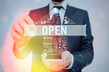 Text sign showing Open. Business photo showcasing New Beginning Business venture Passage Allowing...