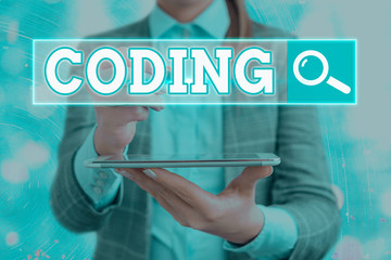 Text sign showing Coding. Business photo text assigning code to something for classification...
