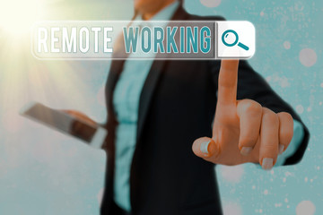 Conceptual hand writing showing Remote Working. Concept meaning style that allows professionals to...