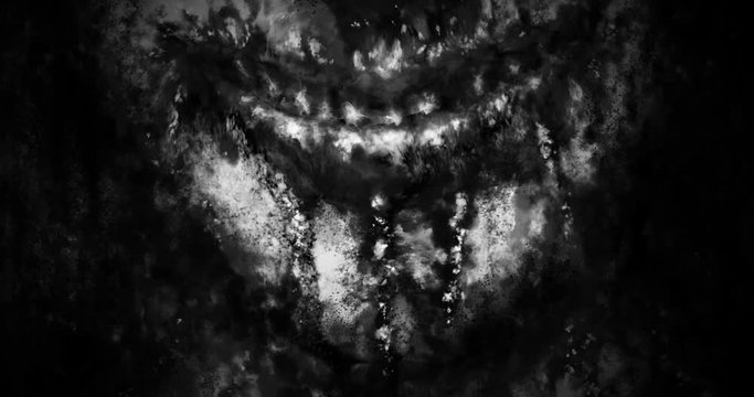 Demonic terrible smile appears and disappears in dark. Bloody lips zombie vampire. Evil rejoices. 2D animation horror fantasy genre. Creepy video black and white background. Grunge and noir styles. 