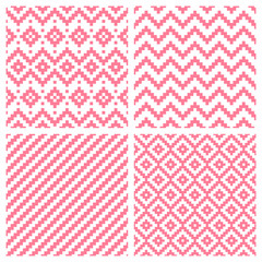Vector set of pink geometric pixel seamless patterns