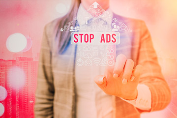 Writing note showing Stop Ads. Business concept for program that will remove different kinds of...