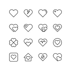 Set of heart love line icon design, black outline vector icons, isolated against the white background, romance vector illustration.