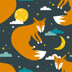 Colorful seamless pattern with foxes, moon, stars. Decorative cute wallpaper, good for printing. Overlapping colored background vector. Design illustration with animals, night sky