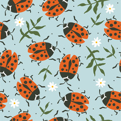 Obraz na płótnie Canvas Seamless pattern, ladybugs and flowers, hand drawn overlapping backdrop. Colorful background vector. Cute illustration, insects. Decorative wallpaper, good for printing
