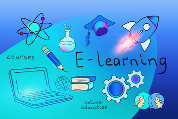 Colorful e learning sketch, blue background