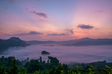 Traveling to see the sea of mist and sunrise in the morning at the view of Phu Lanka, Phayao Province, Thailand