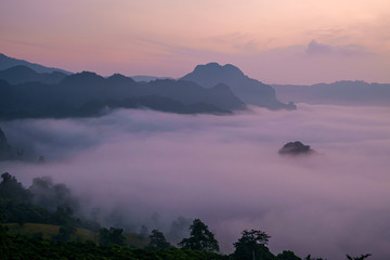 Traveling to see the sea of mist and sunrise in the morning at the view of Phu Lanka, Phayao Province, Thailand