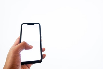 black mobile phone with white screen in man hand on white background