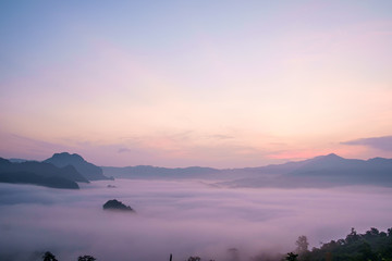 Traveling to see the sea of mist and sunrise in the morning at the view of Phu Lanka, Phayao Province, Thailand