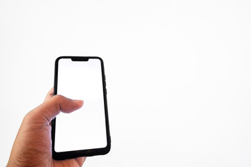 black mobile phone with white screen in man hand on white background