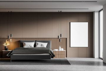 Beige master bedroom with vertical poster
