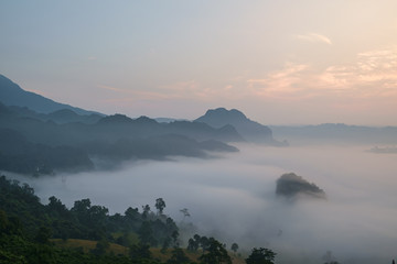Fototapeta premium Traveling to see the sea of mist and sunrise in the morning at the view of Phu Lanka, Phayao Province, Thailand