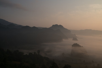Traveling to see the sea of mist and sunrise in the morning at the view of Phu Lanka, Phayao Province, Thailand