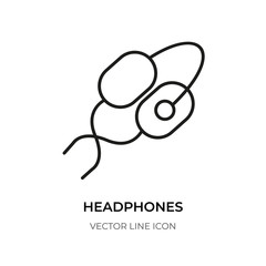 Headphone black line icon. Simple graphic contour button digital listening to music. Linear logo accessory headset.Empty sign earphones closeup for app, web, ui. Isolated on white vector illustration