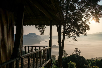 Fototapeta na wymiar Traveling to see the sea of mist and sunrise in the morning at the view of Phu Lanka, Phayao Province, Thailand