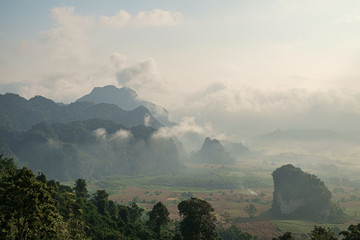 Traveling to see the sea of mist and sunrise in the morning at the view of Phu Lanka, Phayao Province, Thailand