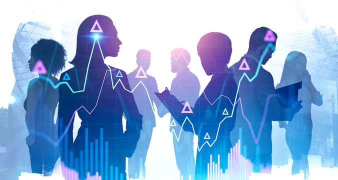 Diverse business people in city, growing graph