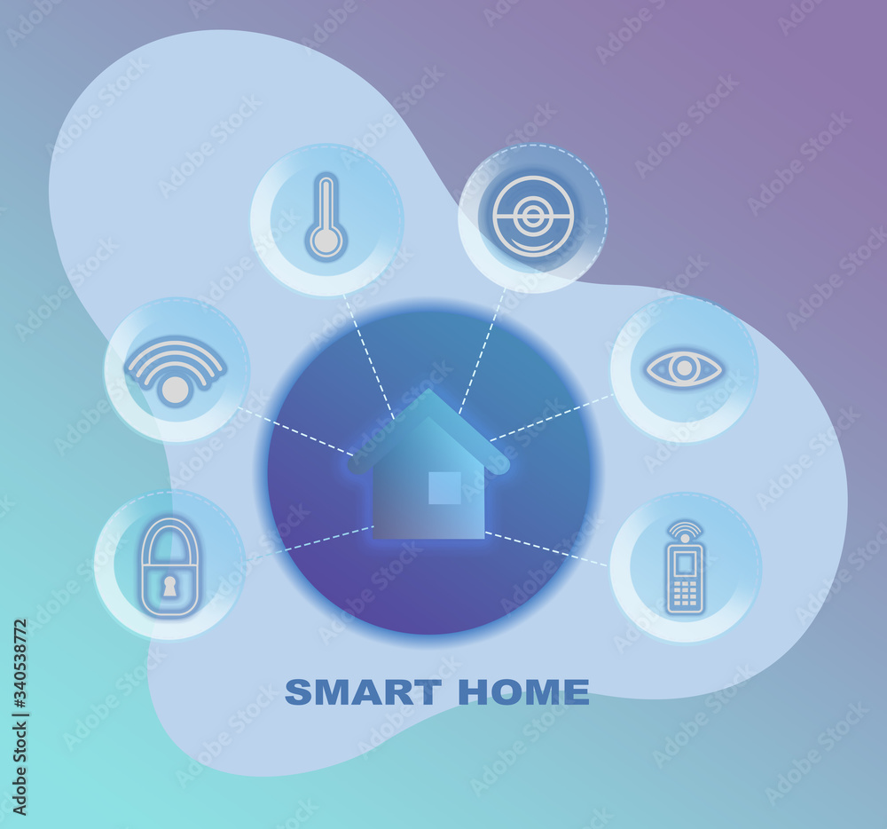 Aufkleber illustration with house and icons of smart home control functions, color background