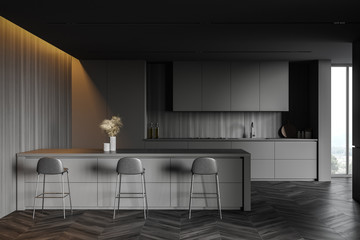 Gray and wooden kitchen interior with bar