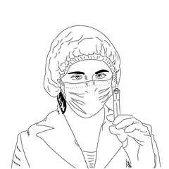 Female doctor in protective medical mask holds a syringe. Injections, medical procedures. Sketch, vector illustration