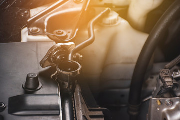 Radiator cap is opened place on radiator of a car,Automotive part concept.