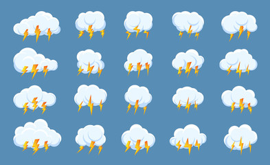 Obraz premium Set of lightning bolt thunderstorm cloud icons. Design symbol weather for web or app. Sign logo storm, thunder and lightnings strike. Different fast shiny shock flash sign Isolated vector illustration