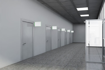 Row of doors with mock up signs in gray office