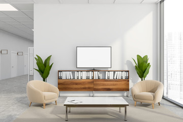 White and brown office waiting room with TV