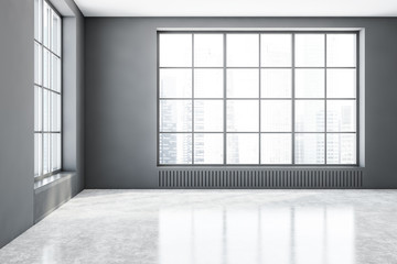Empty gray room interior with cityscape
