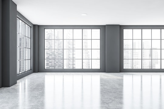 Empty gray office room interior with windows