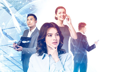 Diverse business team in city, network
