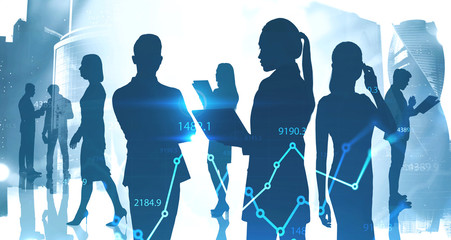 Business people in Moscow city, digital chart