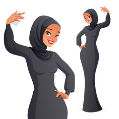 Beautiful Muslim woman in hijab taking selfie. Isolated vector illustration.