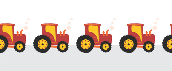 Tractors seamless vector border. Repeating kids pattern tractors. 