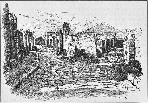 Illustration of street of the tombs of the gate of Herculaneum in Pompeii, engraving from the 1800s