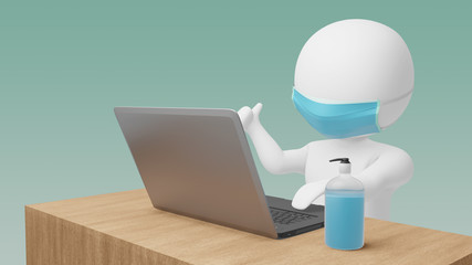 3D Illustration of white characters stickman wear surgical mask using laptop and alcohol gel bottle on wood desktop.Work from home concept. Clipping path image.
