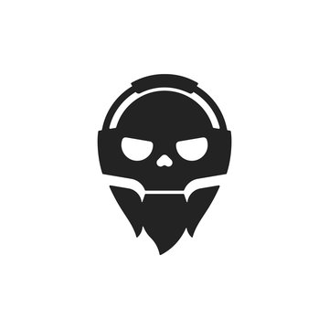 Bearded skull gamer logo with headphones. Modern minimalist gaming, streamer logo. Hardcore esports death icon. Music record label.