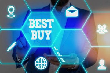 Text sign showing Best Buy. Business photo showcasing most advantageous combination of cost and...