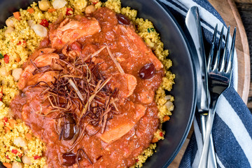 Chicken Cacciatore with Black Olives, and Forest Mushroom, Persian Couscous with Vegetables and Chickpeas